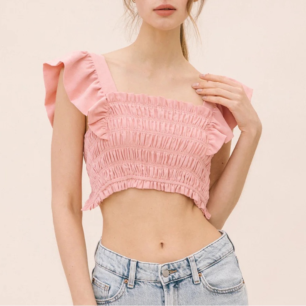 Storia‎ Pink Smocked Ruffle Tie Back Crop Top Size S